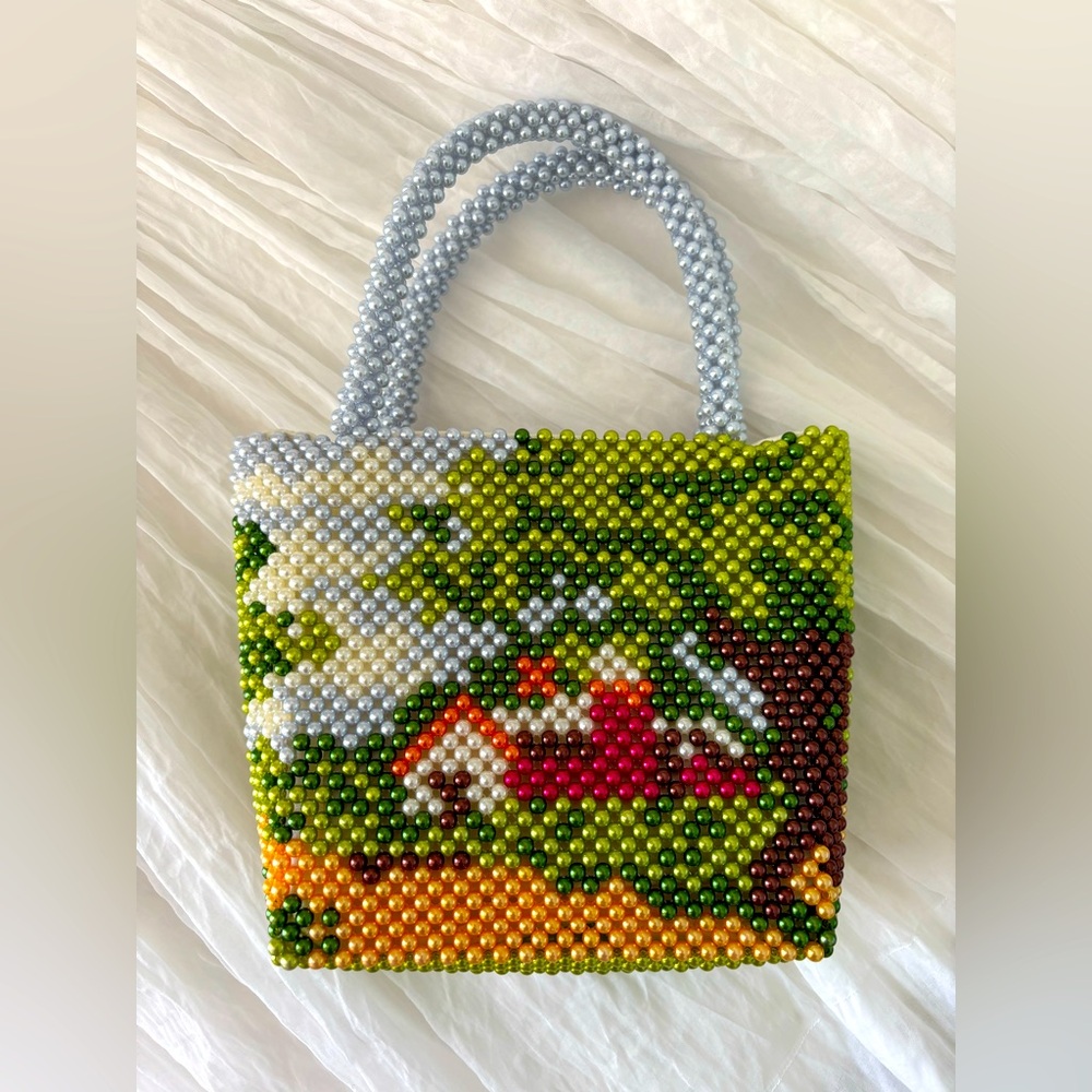 Pearl Beaded Countryside Scenic Handbag NWOT Cottagecore Satin Lined Open Design